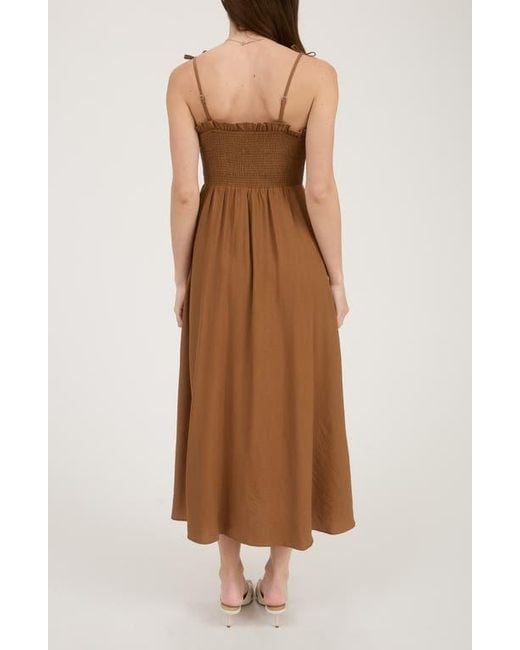 Blu Pepper Brown Bow Strap Smocked Fit & Flare Midi Dress