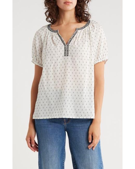 Lucky Brand White Embroidered Puff Sleeve Cotton Blend Top