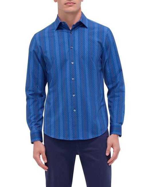 Bugatchi Blue Jimmy Ooohcotton Herringbone Print Button-Up Shirt for men