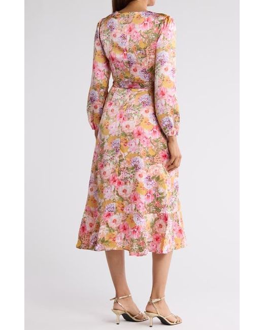 Tahari Pink Floral Long Sleeve Tie Waist Dress