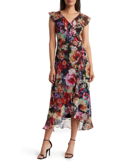 London Times Floral Ruffle Faux Wrap Maxi Dress in Red | Lyst