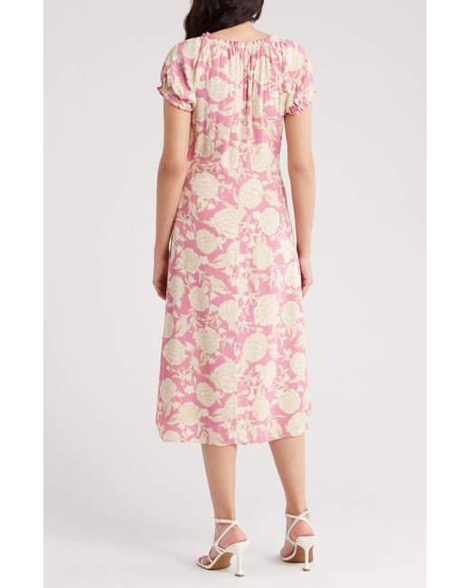 Melrose and Market Pink Floral Tie Keyhole Puff Sleeve Midi Dress