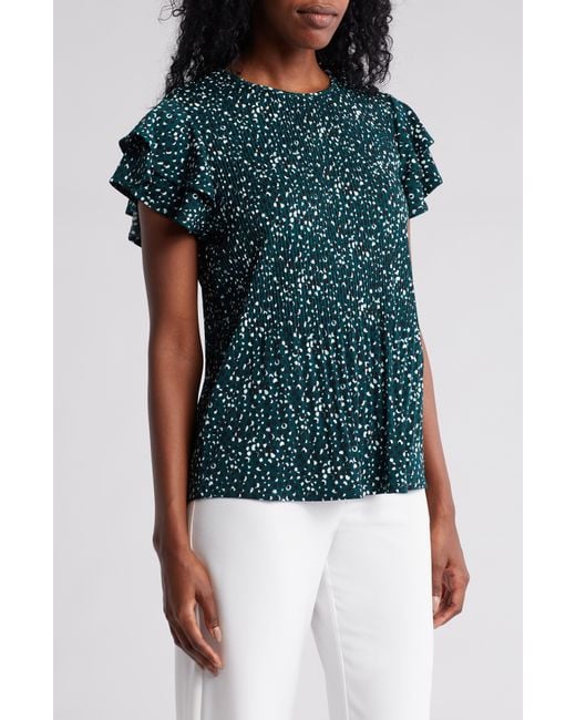 Adrianna Papell Blue Printed Flutter Sleeve Top