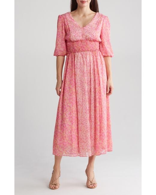 Taylor Dresses Pink Floral Puff Sleeve Smocked Waist Maxi Dress