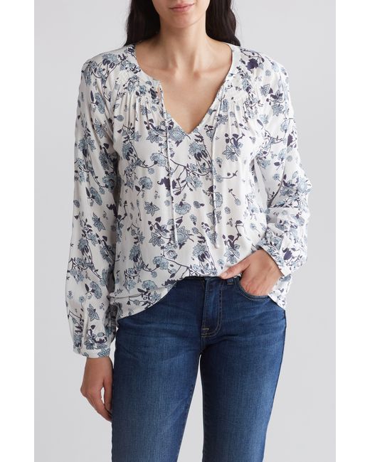 Lucky Brand White Floral Print Notch Neck Long Sleeve Blouse