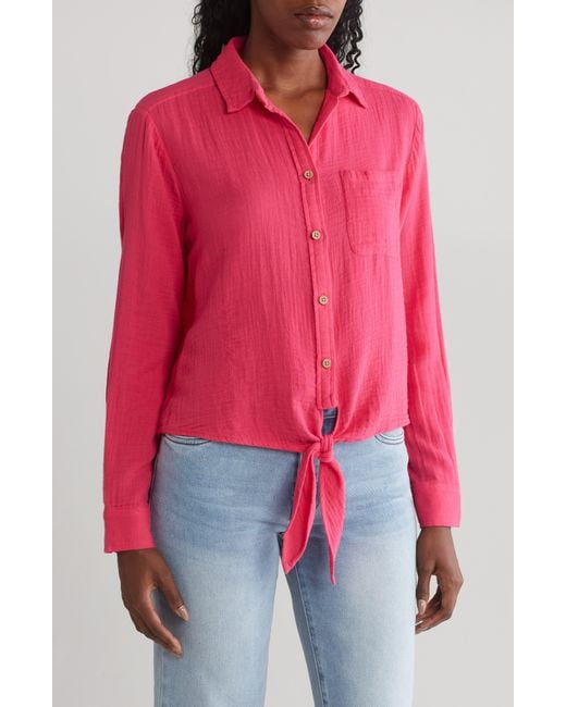 Beach Lunch Lounge Red Long Sleeve Tie Hem Cotton Gauze Button-up Shirt
