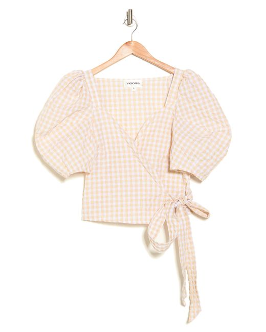 Vigoss Gingham Puff Sleeve Wrap Top in Natural | Lyst