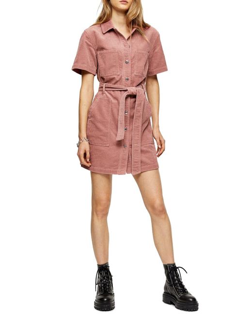 TOPSHOP Corduroy Short Sleeve Shirt Dress in Pink | Lyst