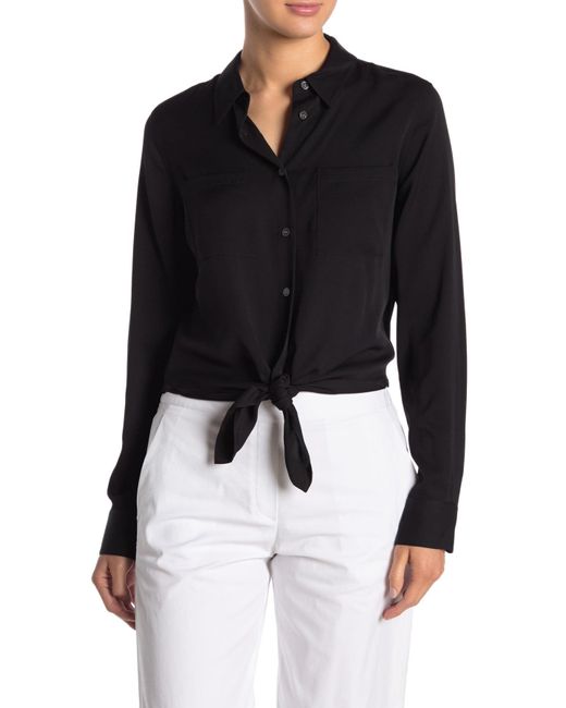 Theory Black Tie Front Silk Blend Blouse