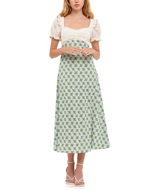 English Factory Green Print Skirt Puff Sleeve Dress