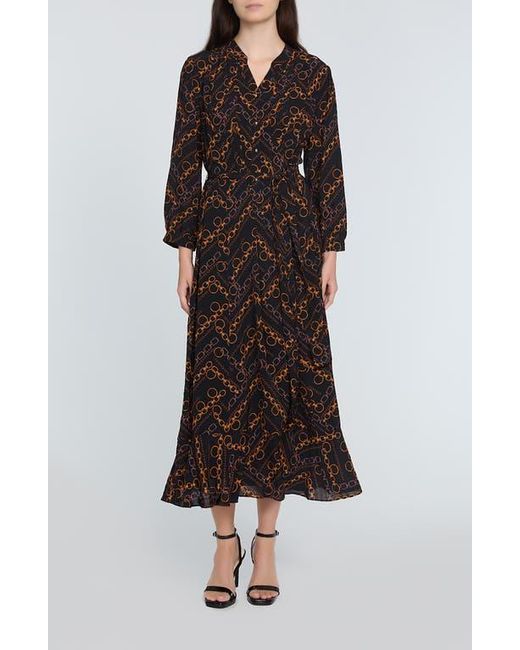 Tahari Black The Mila Chain Print Pleated Long Sleeve Stretch Silk Midi Dress