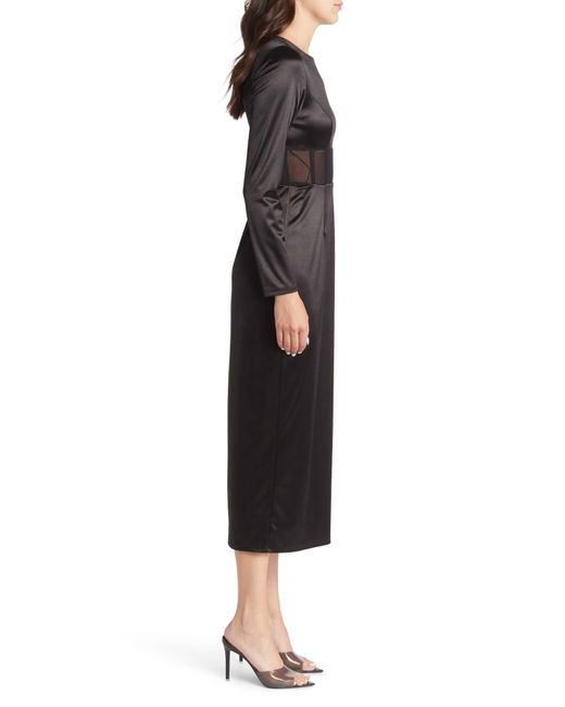 AREA STARS Black Illusion Waist Long Sleeve Satin Midi Dress
