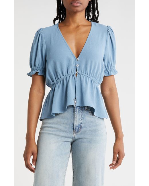 Melrose and Market Blue Button Detail Puff Sleeve Top