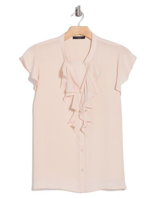 Tahari Pink Ruffle Cap Sleeve Button-Up Top