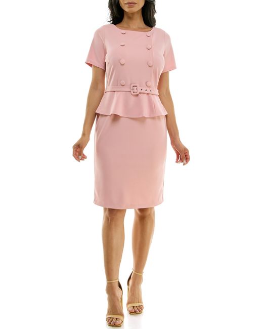 Nina Leonard Pink Belted Peplum Dress