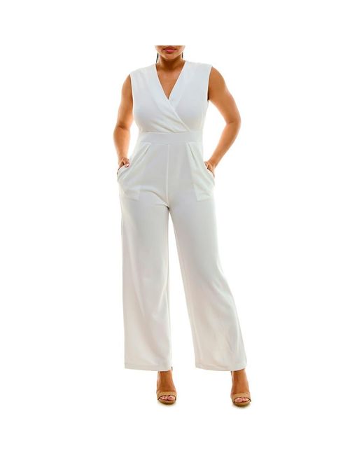 Nina Leonard White Surplice V-Neck Wide Leg Jumpsuit