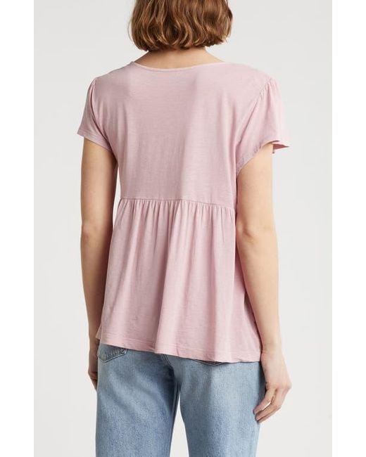 Lucky Brand Pink Embroidered Square Neck Cotton & Modal Top
