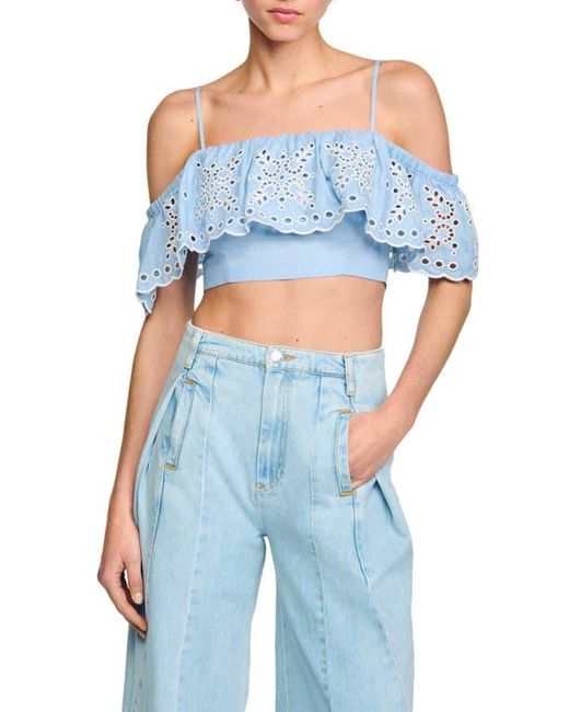 Sandro Blue Alon Ruffle Eyelet Cold Shoulder Crop Top