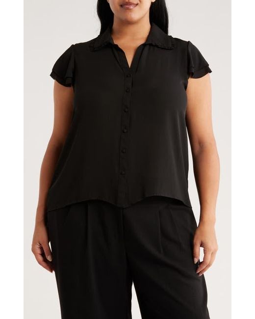 Tahari Black Tiered Flutter Sleeve Button-Up Shirt