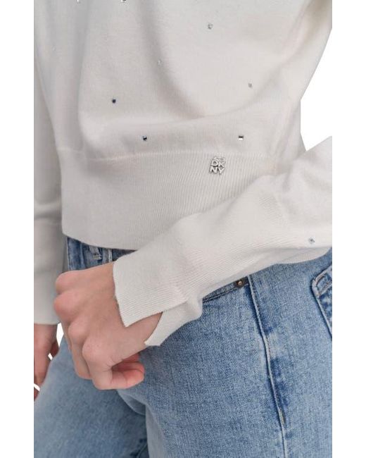 DKNY White V-Neck Crystal Embellished Sweater