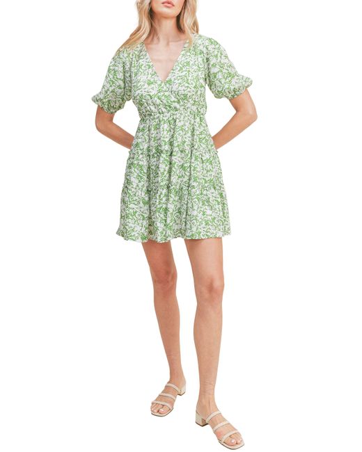 Lush Green Patterned Puff Sleeve Dress