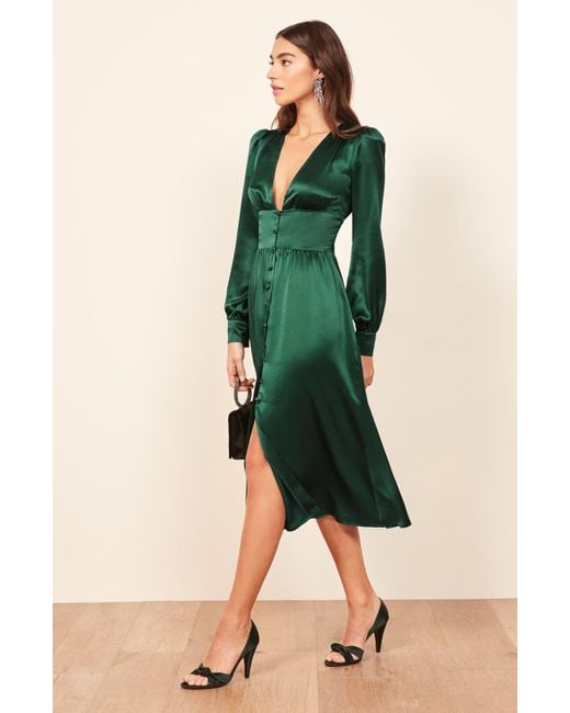 Reformation Green Nicola Silk Midi Dress