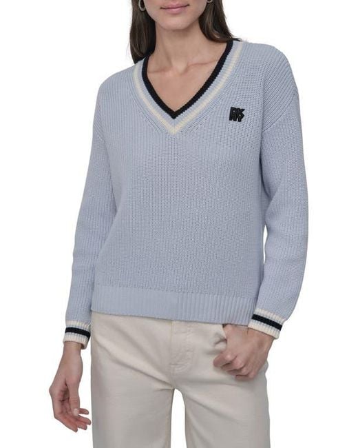 DKNY Gray V-Neck Shaker Stitch Cotton Sweater