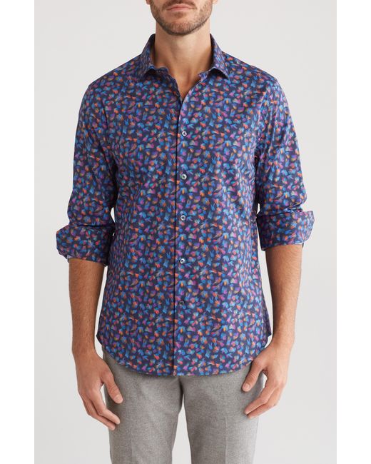 Bugatchi Blue Print Stretch Cotton Long Sleeve Button-up Shirt for men