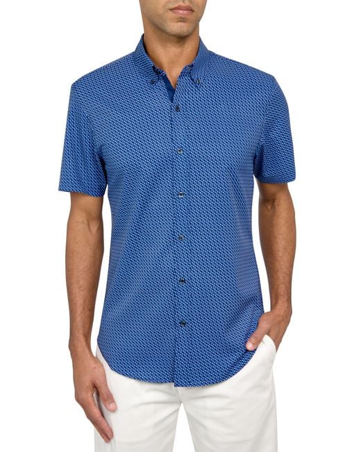 Con.struct Blue Slim Fit Micro Dot Four-way Stretch Performance Short Sleeve Button-down Shirt for men
