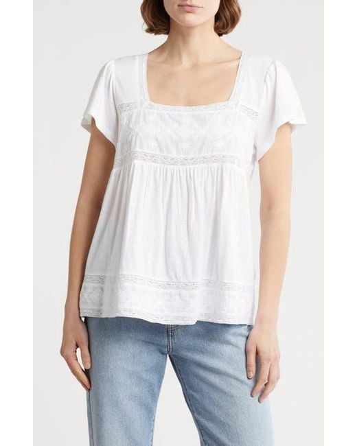 Lucky Brand White Embroidered Square Neck Cotton & Modal Top