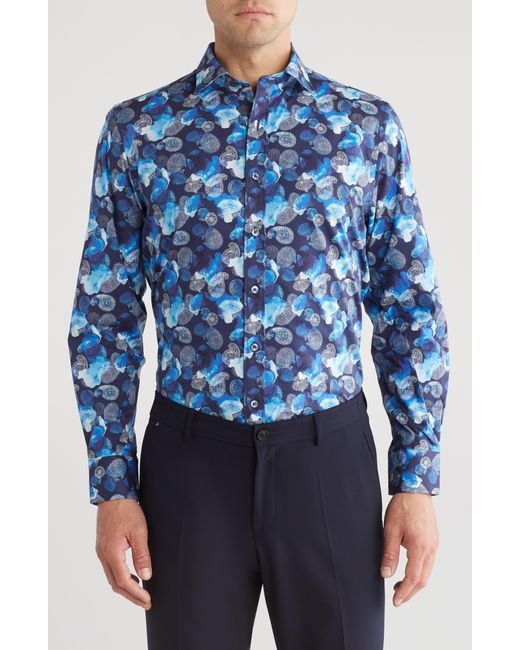 Bugatchi Blue Julian Paisley Stretch Button-up Shirt for men