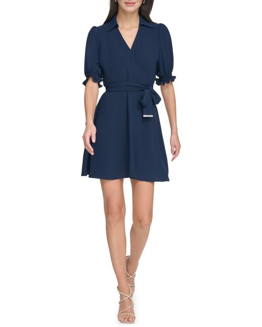 DKNY Blue Short Sleeve Belted Faux Wrap Dress