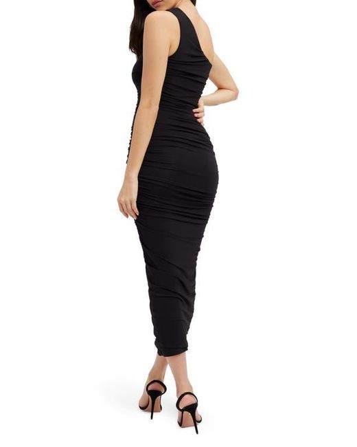 GOOD AMERICAN Black Ruched One-Shoulder Chiffon Midi Dress