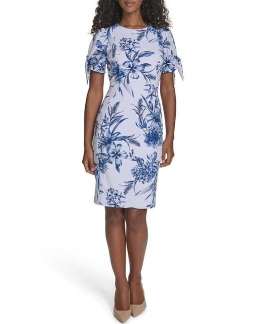 Calvin Klein Floral Tie Short Sleeve Sheath Dress in Blue