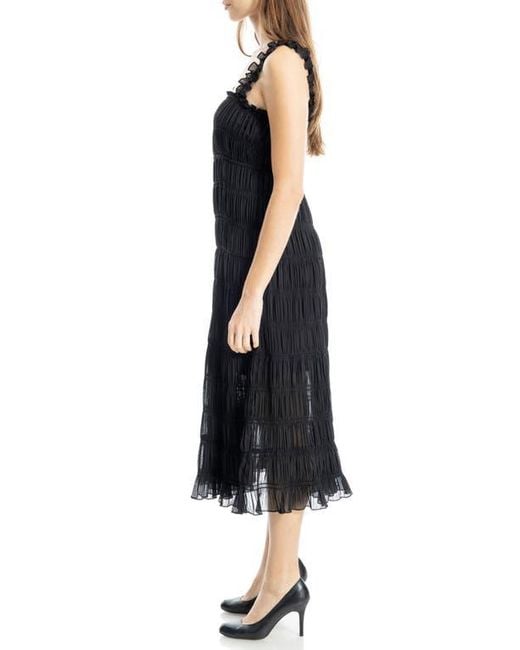 Max Studio Black Ruffle Shirred Georgette Midi Dress
