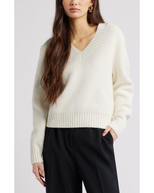 Open Edit White Rib V-Neck Sweater
