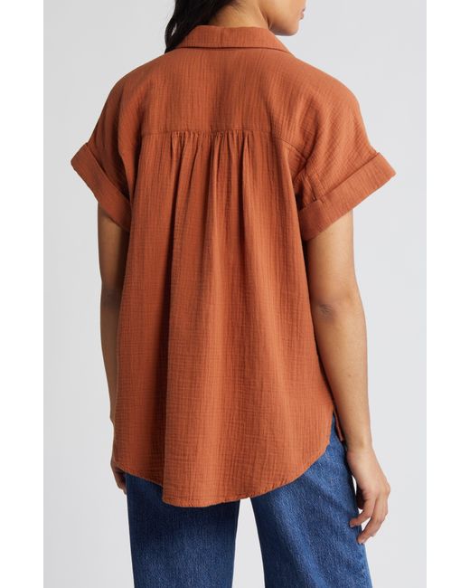 Caslon Orange Short Sleeve Cotton Gauze Button-up Shirt