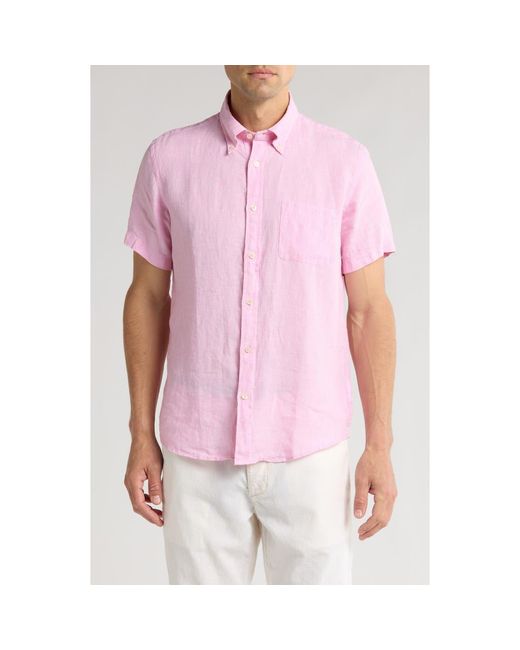 Brooks Brothers Pink Regular Fit Solid Short Sleeve Linen Button-Down Shirt for men