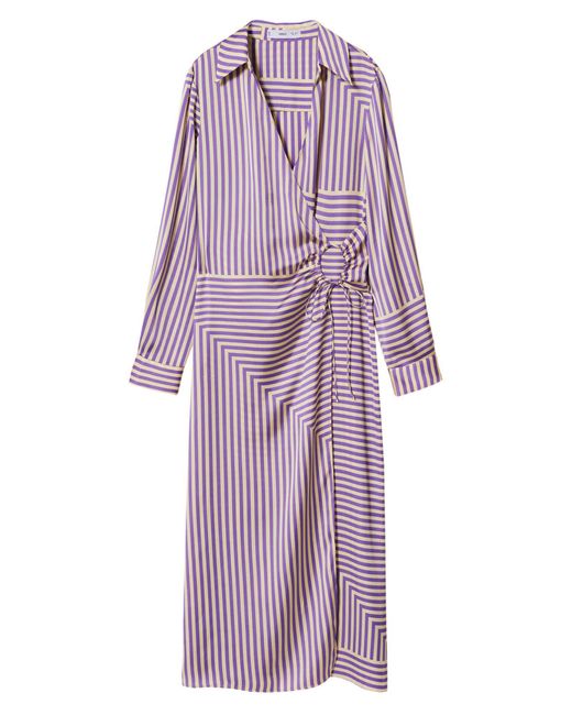 Mango Stripe Long Sleeve Satin Wrap Dress In Light/pastel Purple At Nordstrom Rack