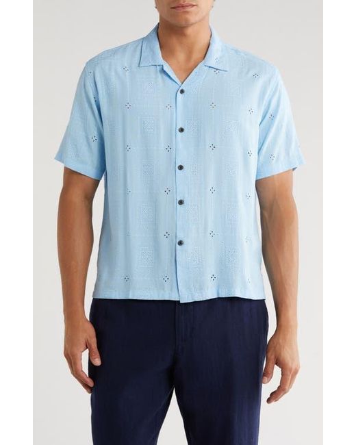T.R. Premium Blue Boxy Fit Floral Eyelet Embroidered Camp Shirt for men