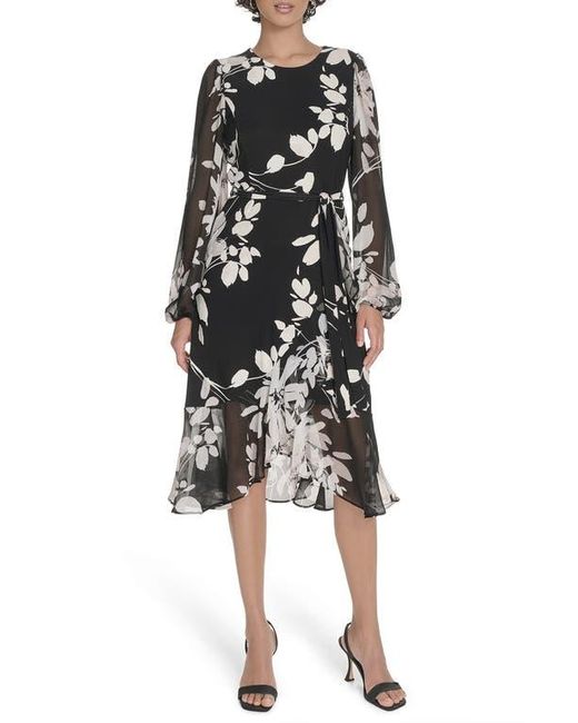 Tommy Hilfiger Black Floral Long Sleeve Ruffle Mixed Media Midi Dress