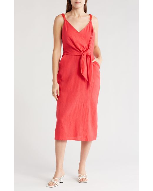 Ellen Tracy Red Side Tie Linen Blend Midi Dress