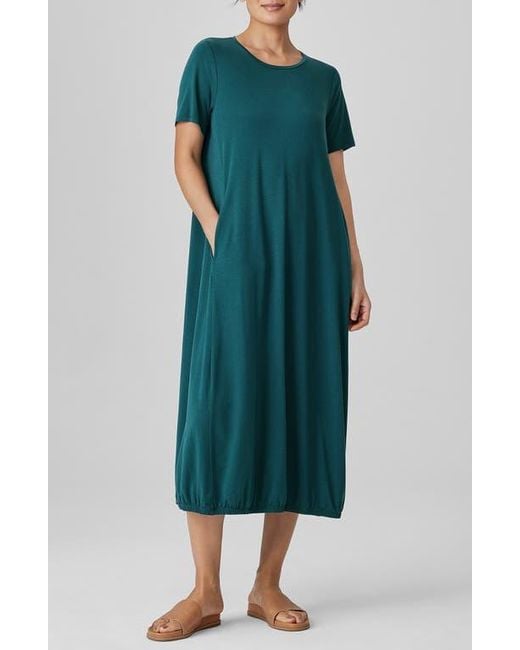 Eileen Fisher Green Stretch Jersey Lantern Shift Dress