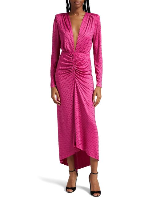 Veronica Beard Pink Kiah Rhinestone Plunge Neck Long Sleeve High-low Maxi Dress