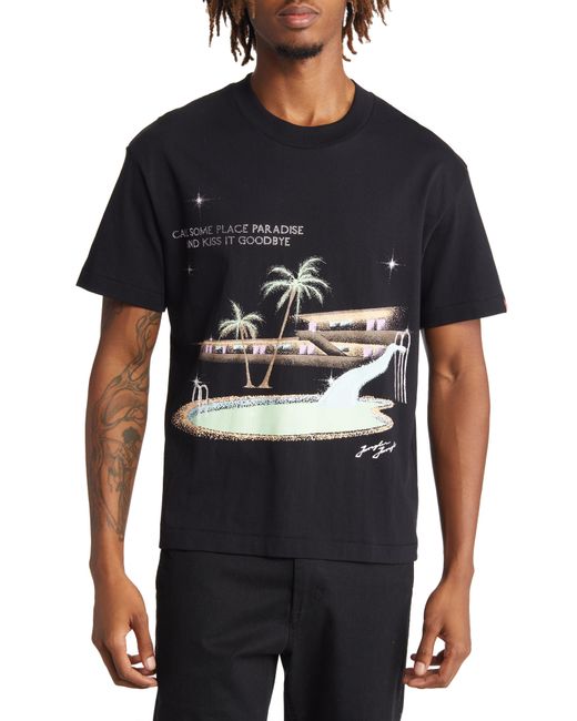 JUNGLES Black Motel Swimming Pool Cotton Graphic Tee for men