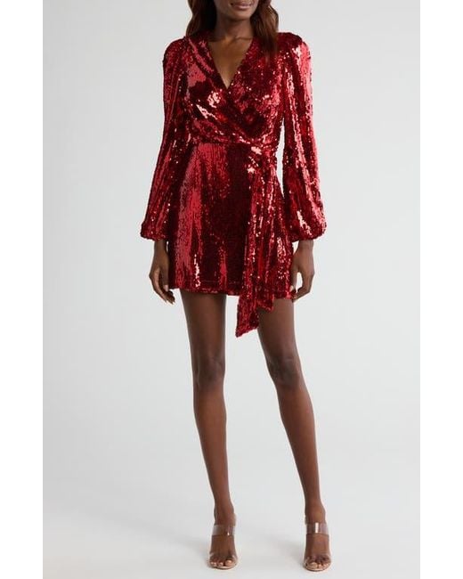 Wayf Red Flash Sequin Long Sleeve Faux Wrap Minidress