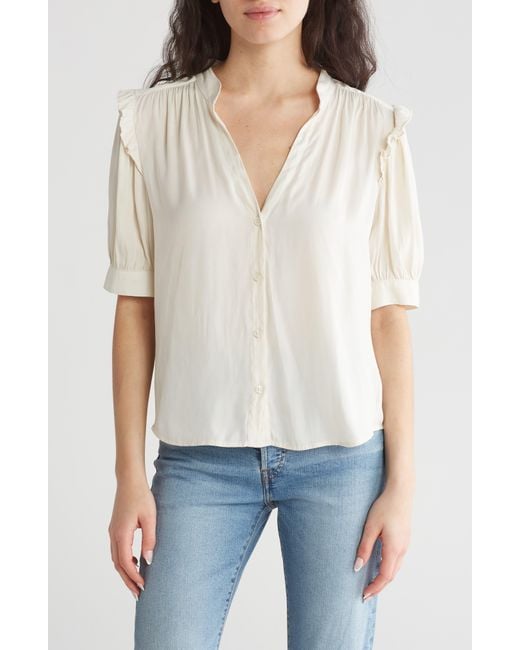 Melrose and Market White Ruffle Sleeve Split Neck Button-up Top