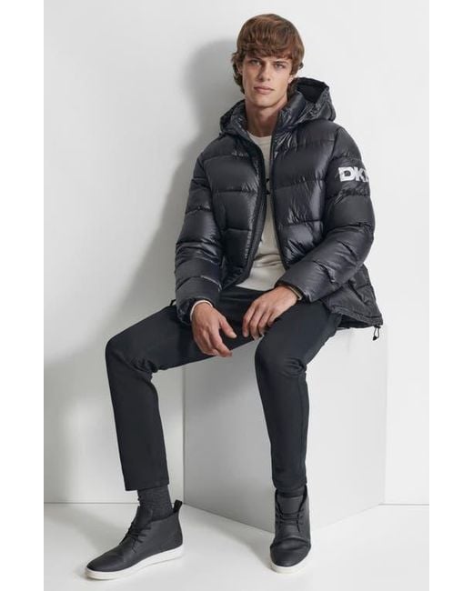 DKNY Black Hooded Nylon Puffer Jacket for men