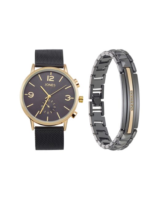 Jones New York Black Three-hand Quartz Mesh Strap Watch & Id Bracelet Set for men