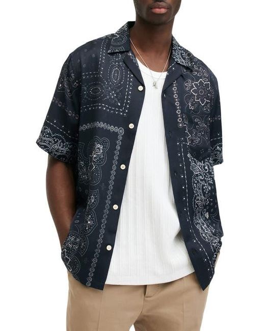 AllSaints Jalisco Bandana Print Camp Shirt in blue color